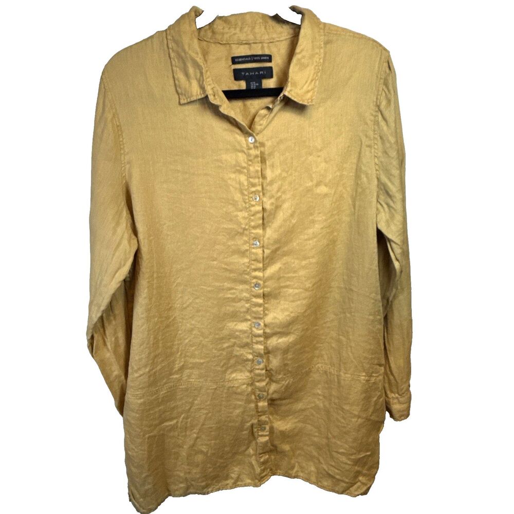 Tahari Top XL 100% Linen Lightweight Button Down Shirt Roll-Tab Sleeves lagenloo
